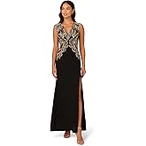 Adrianna Papell Women's Beaded Crepe Long Dress, Black, 8