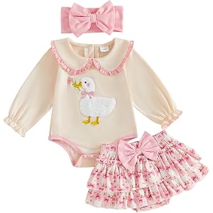 Yuufuniy Baby Girl Clothes Silly Goose Birthday Romper Shorts Fall 3pcs Set | Newborn Infant Outfit Floral Silly Goose Embroi