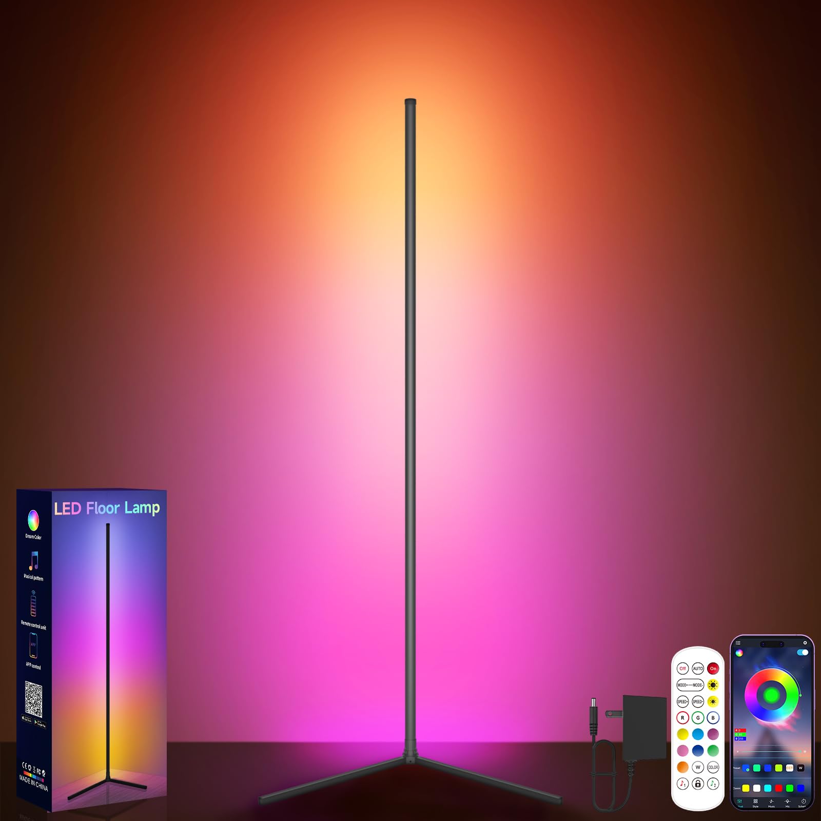 GIPOYENT Corner Floor Lamp, RGB LED Corner Lamp with Music Sync, Smart App and Remote Control Ambience Light with Music Sync, LED Lamp with 16 Million Colors for Bedroom, Living Room Gaming Room