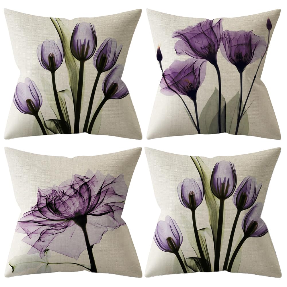 BCKAKQA Cushion Covers 60cm x 60cm Set of 4 Purple Flower Decorative Throw Pillow Covers 24x24 inches Boho Linen Square Throw Pillow Cases for Living Room Sofa Couch Bed Pillowcases — image 1