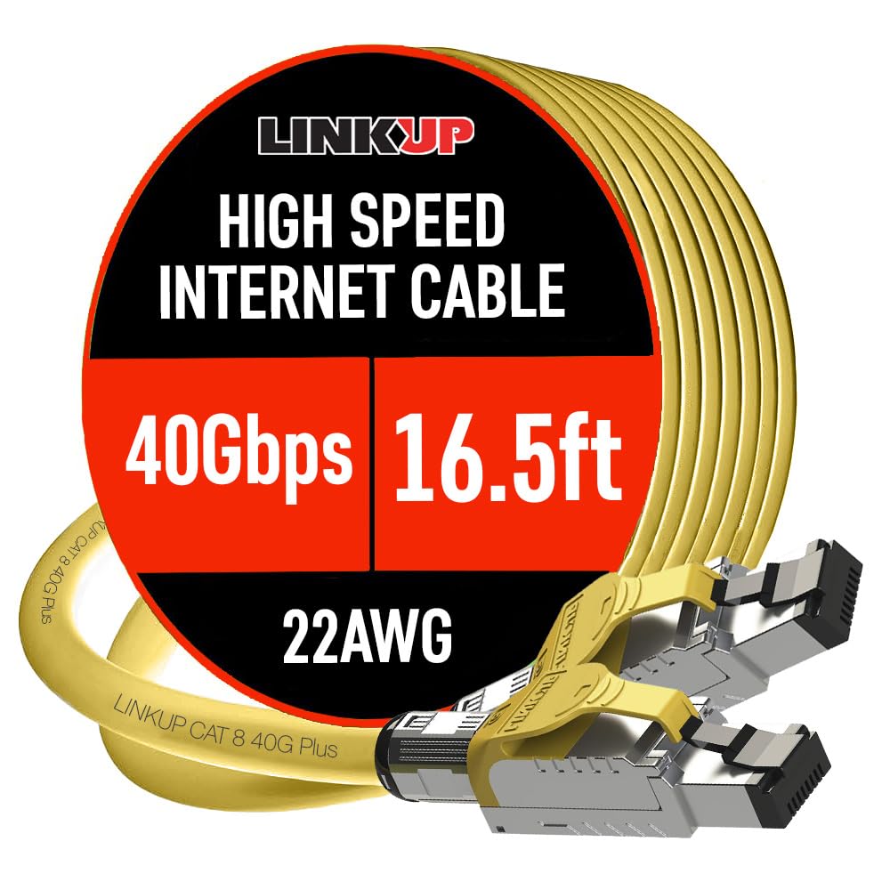 LINKUP - [GHMT & DSX8000 Certified Cat8 Ethernet Patch Cable S/FTP 22AWG Double Shielded Solid Cable | 2000MHz 2GHz 40Gbps | 5th-Gen Ethernet LAN Network 40G Structure Wires |Yellow| 5 M (16.5ft)