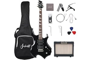 Fojill Cool Shape Electric Guitar Kit Set Beginner Starter Combo Package Bundle 10W Battery Power Bluetooth Amplifier Amp,Accessory 600D gig Bag,Picks, Cable, Strap, Extra Strings