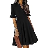 Mokayee Womens Summer V Neck Ruffle Short Sleeve Fit and Flare Knee Length Church Wedding Guest Dresses with Pockets