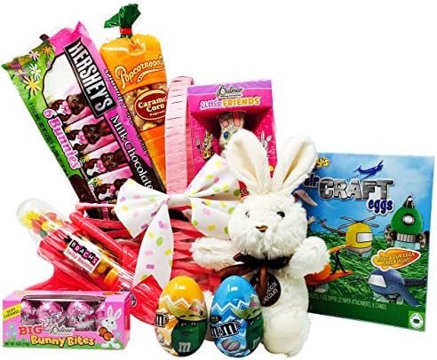 Easter Gift Basket for Kids - Filled with Chocolate, Craft Kit Set, and Scented Bunny Plush (9 Items). (Pink)
