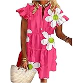 SOLY HUX Women's Summer Floral Dress Notched V Neck Cap Sleeve Babydoll Ruffle Hem Vacation Short Dresses