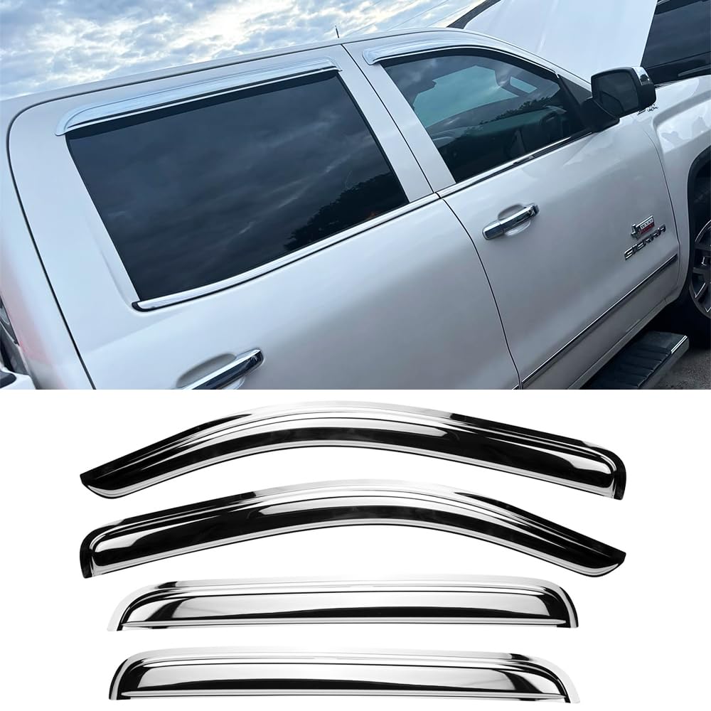 Photo 1 of STARTSHIP Chrome Side Window Visors Wind Vent Deflector for 07-13 Chevy Silverado/GMC Sierra 1500/Avalanche,07-14 2500HD&3500HD Crew Cab/Yukon XL/Suburban,4pcs Outside Mount Tape-On Rain Guards 94515Y