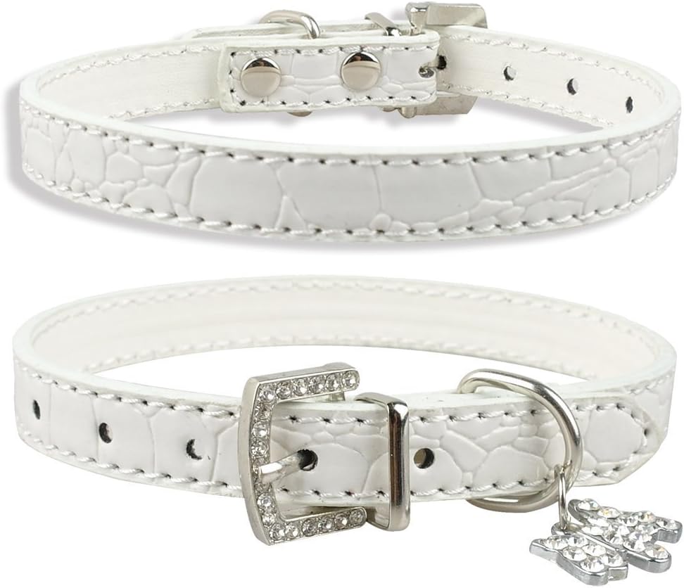 Dogs Kingdom Soft Croc Leather with Rhinestone Heart/Dog Pendant Dog Pet Puppy Collars White Xs