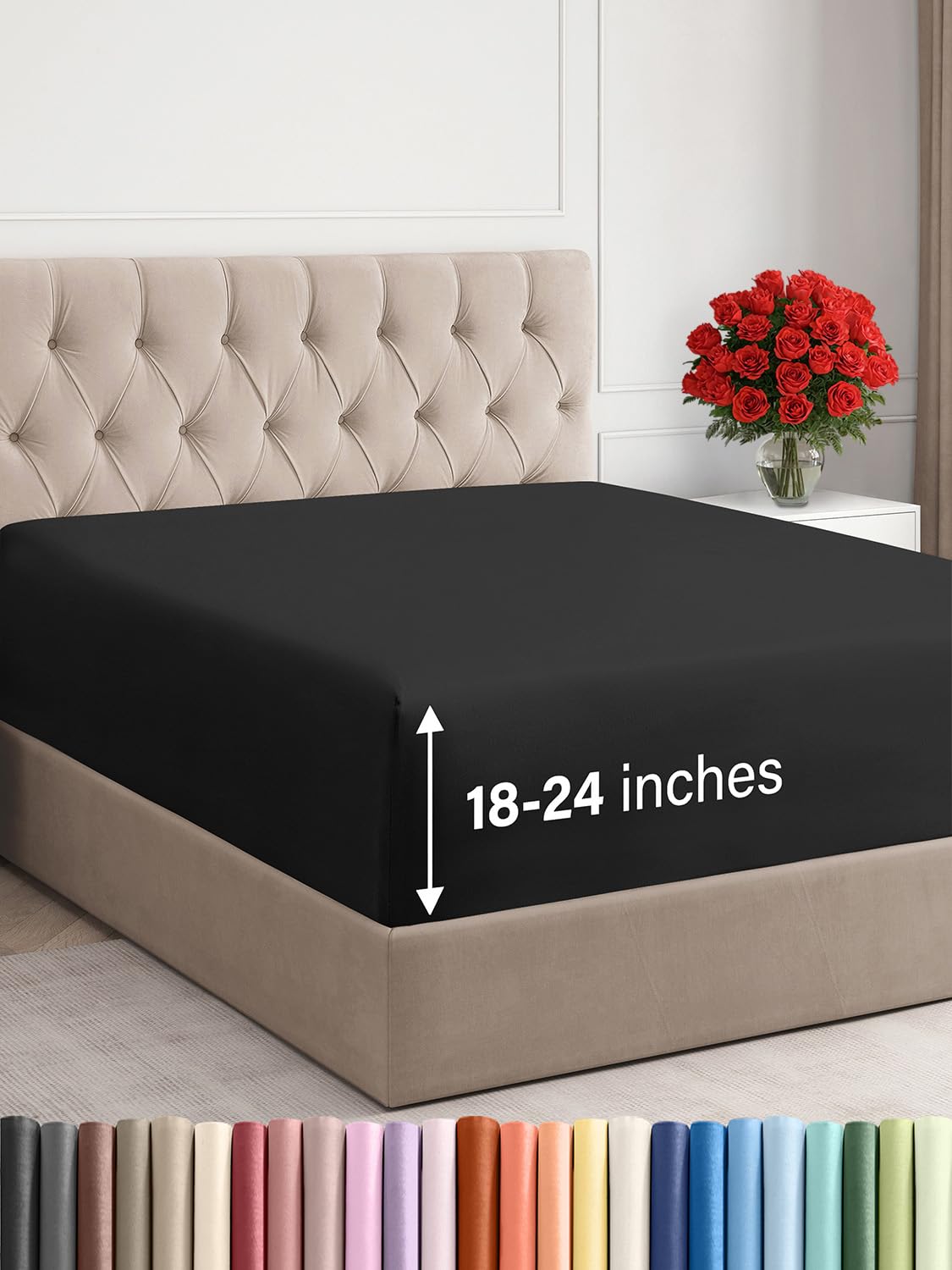 Photo 1 of Extra Deep Queen Fitted Sheet - Hotel Luxury Single Fitted Sheet Only - Easily Fits 18 inch to 24 inch Mattress - Ultra Soft, Wrinkle Free w/Extra Deep Pockets - Easy-Care, Breathable & Comfy - Black