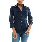 Zac & Rachel Women's 3/4 Sleeve Cuff Sleeve Button Down Top with Ribbed Knit Inserts for a Comfortable Fit Blouse, Navy Blazer, M