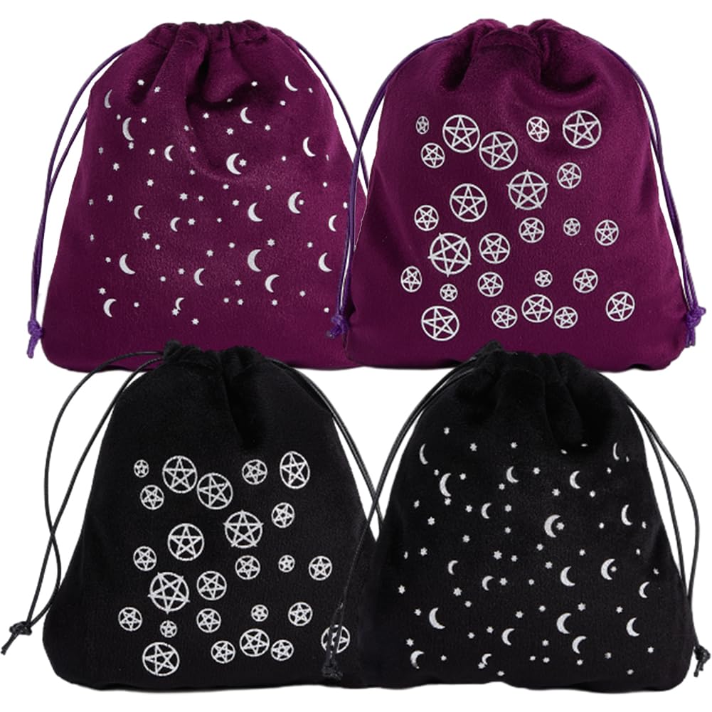 CREATCABIN 4Pcs Tarot Storage Bag Thick Velvet Packing Pouches Moon Stars Symbol Drawstring Bag Protective Card Board Game Embroidery for Tarot Dice Card Jewelry Crystal Pouch 6.5 x 5.9 Inch-2 Colors