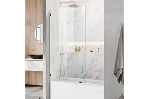 PHMUNY 34" W x 58" H Frameless Single Fixed Bath Panel, Fixed Bathtub Screen with Clamps, 1/4" Clear Glass, Bathroom Shower Door Screen Fixed Tub Shower Glass Door Panel in Matte Black