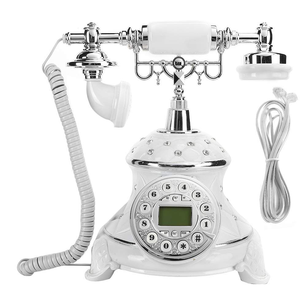 Antique Retro Home Telephone, White Rhinestone Landline Phones Inlaid for Home Office Desk, Default