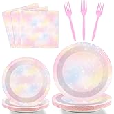 Tevxj 96PCS Pastel Rainbow Tableware Set Rainbow Birthday Dinnerware Disposable Plates Rainbow Cloud Party Plates Napkins Forks for Birthday Baby Shower Weddings Party Decorations Supplies 24 guests