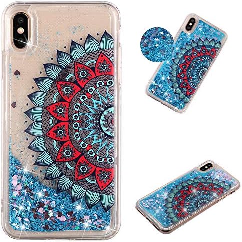 Glitter Case for iPhone Xs MAX,QFFUN Bling Floating Liquid Quicksand Soft Clear Slim Fit Silicone Case with Screen Protector Shockproof Anti-Scratch Bumper Protective Cover - Blue Mandala