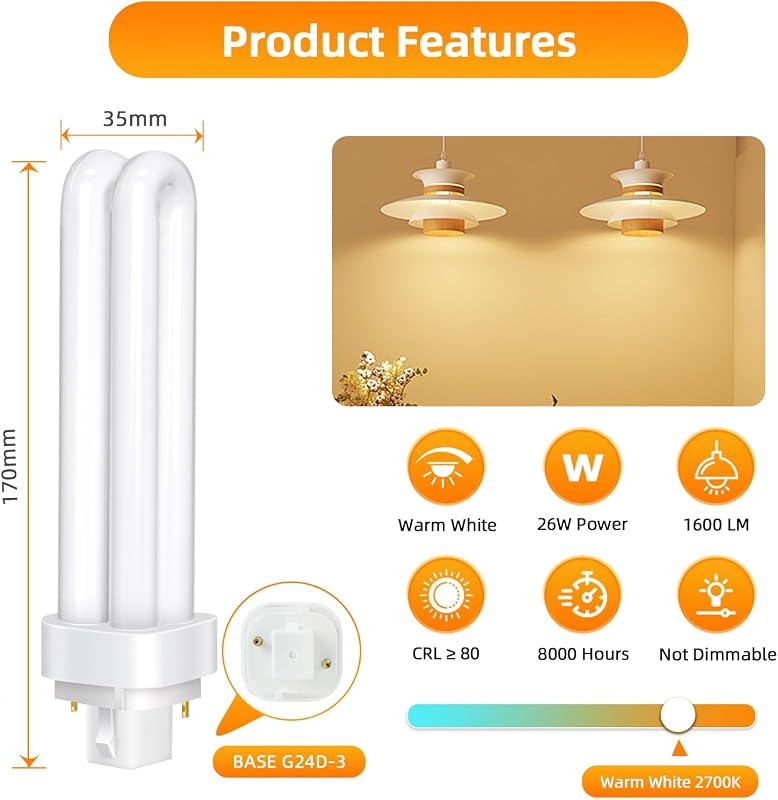 Confezione da 5 Lampadine Tubolari PLC G24d-3 a 2 Pin 26W, Luce Bianco Caldo 2700K, 1600LM, Tubo Doppio Giro 2U, Non Regolabile, Adatta Per Cucina, Sala da Pranzo, Bar, Camera da Letto, Ufficio — foto 3 di 8