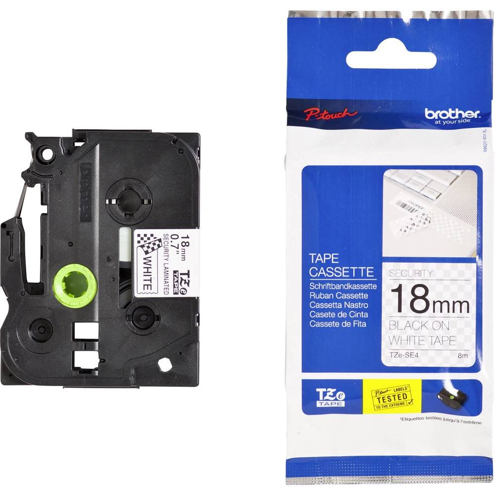 Brother TZe-SE4 Labelling Tape Cassette, Black on White, 18mm (W) x 8M (L), Security, Brother Genuine Supplies
