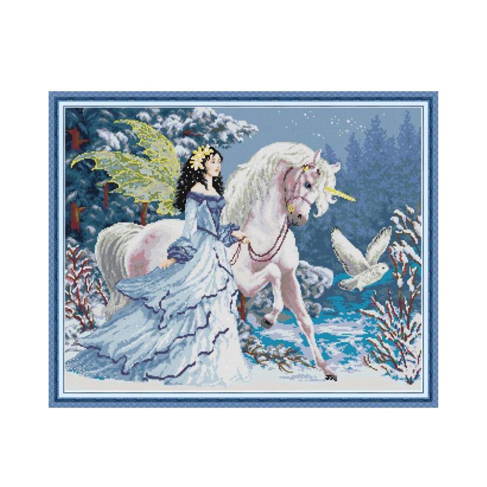 Cross Stitch Embroidery Kits for Adults Kids, WOWDECOR White Unicorn Fairy Elves 11CT Stamped DIY DMC Needlework Easy Beginners