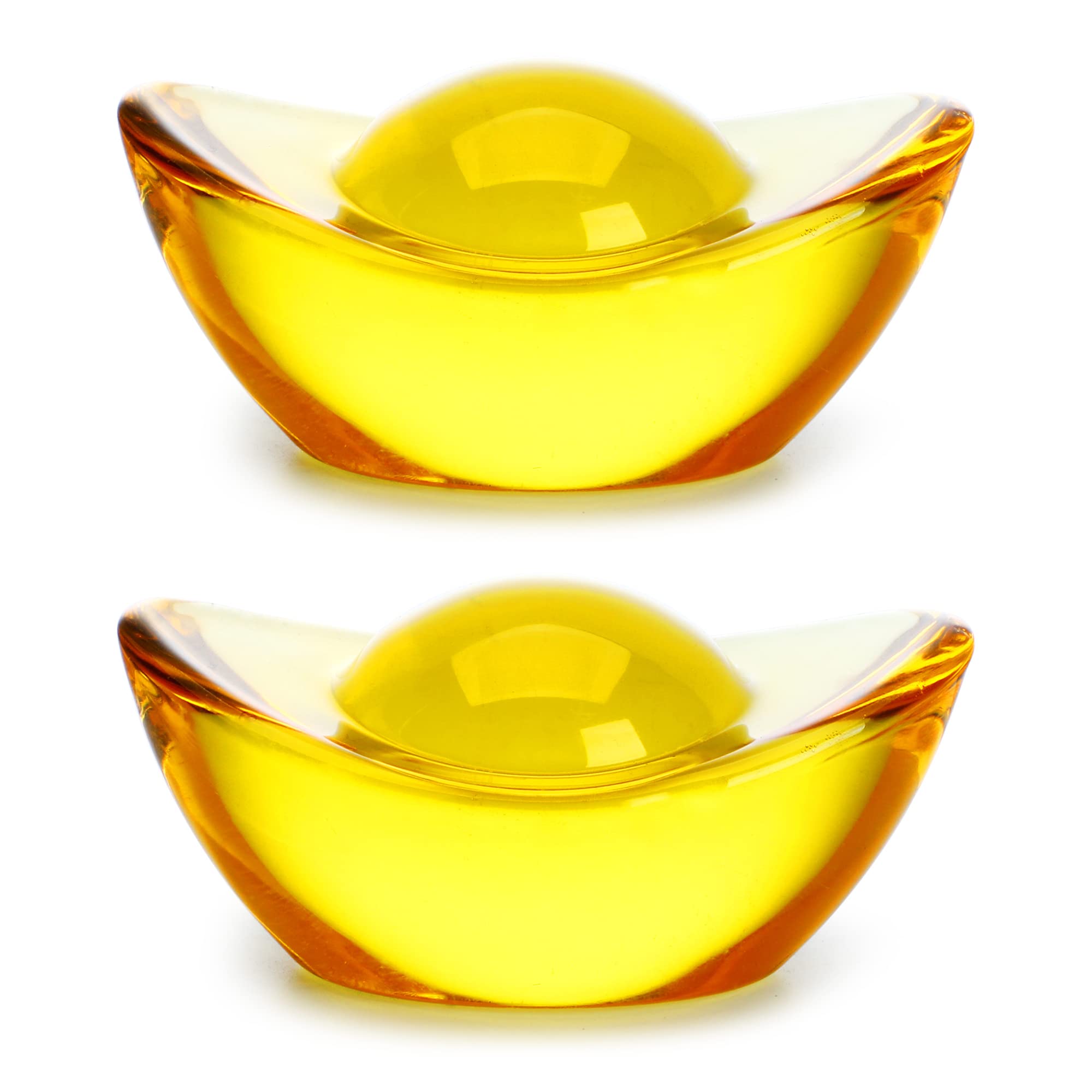 YU FENG 2 Pcs Handmade Chinese Yellow Crystal Yuan Bao Figurine Collectibles Feng Shui Golden Ingot Statues Ornament for Wealth Luck,3.1''