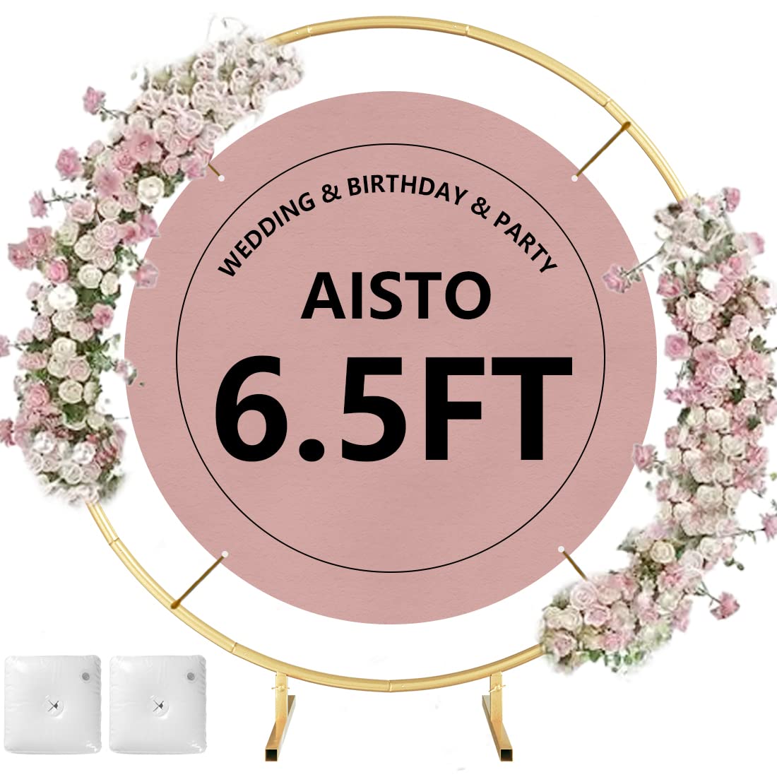 Aisto Round Backdrop Stand Arch Balloon Golden Metal Circle Garland Frame with Base for Wedding Birthday Party Baby Shower Graduation Decoration (6.5FT)
