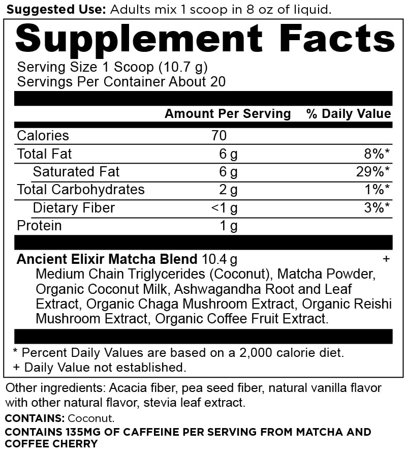 Matcha Green Tea Powder with Ashwagandha by Ancient Nutrition, Ancient Elixirs Superfood Matcha Energy Powder, with MCTs, Promotes Healthy Energy Levels, Paleo and Keto Friendly, 20 Servings