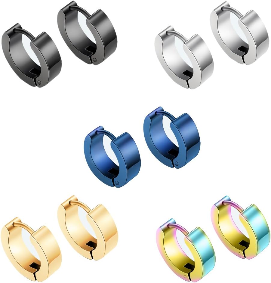 Epoch World 5 works Set 316L Surgical Stainless Steel Huggie Small Silver Hoop Earrings for Men Women Hoop Earrings Gold Black Hypoallergenic 14MM