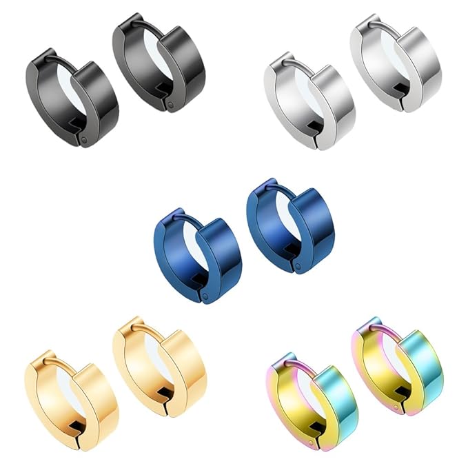 5 Paare Titan 316L Edelstahl Männer ohrstecker set Ohrringe Ohranhänge Silber Schwarz Gold Rund 14mm für Damen Herren, Herren