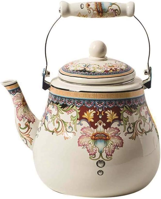 ROLLEEK 5L Enamel on Steel Teapot floral,Large Porcelain Enameled Teakettle,Colorful Hot Water Tea Kettle pot for Stovetop,Small Retro Classic Design