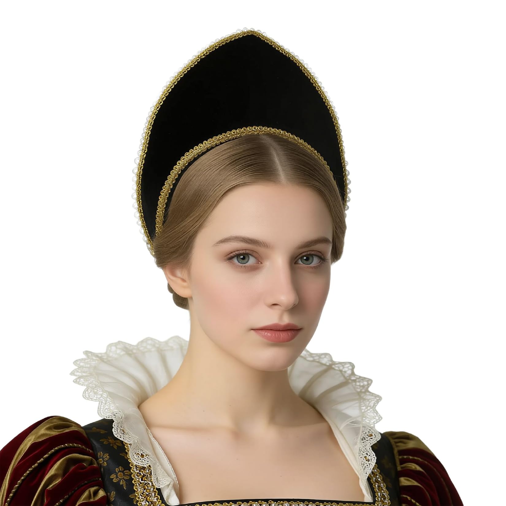 BPURB Women's Tudor Headband Renaissance Anne Boleyn Hat Elizabethan Headwear Halloween Costumes (Height：11.5cm/4.53 inch) — image 1