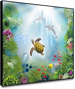 Leowefowas 10x8inch Framed Wall Art Fairy Underwater World Canvas Painting Turtle Dolphin Fishes Poster Modern Home Decoration Underwater Picture Artwork Canvas Prints For Living Room Bedroom