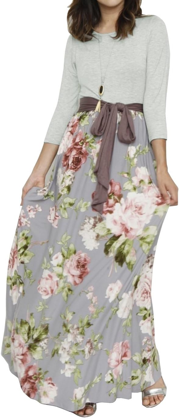 Valphsio Womens Long Sleeve Floral Maxi Dresses Tie Waist Crewneck Boho Long Dress