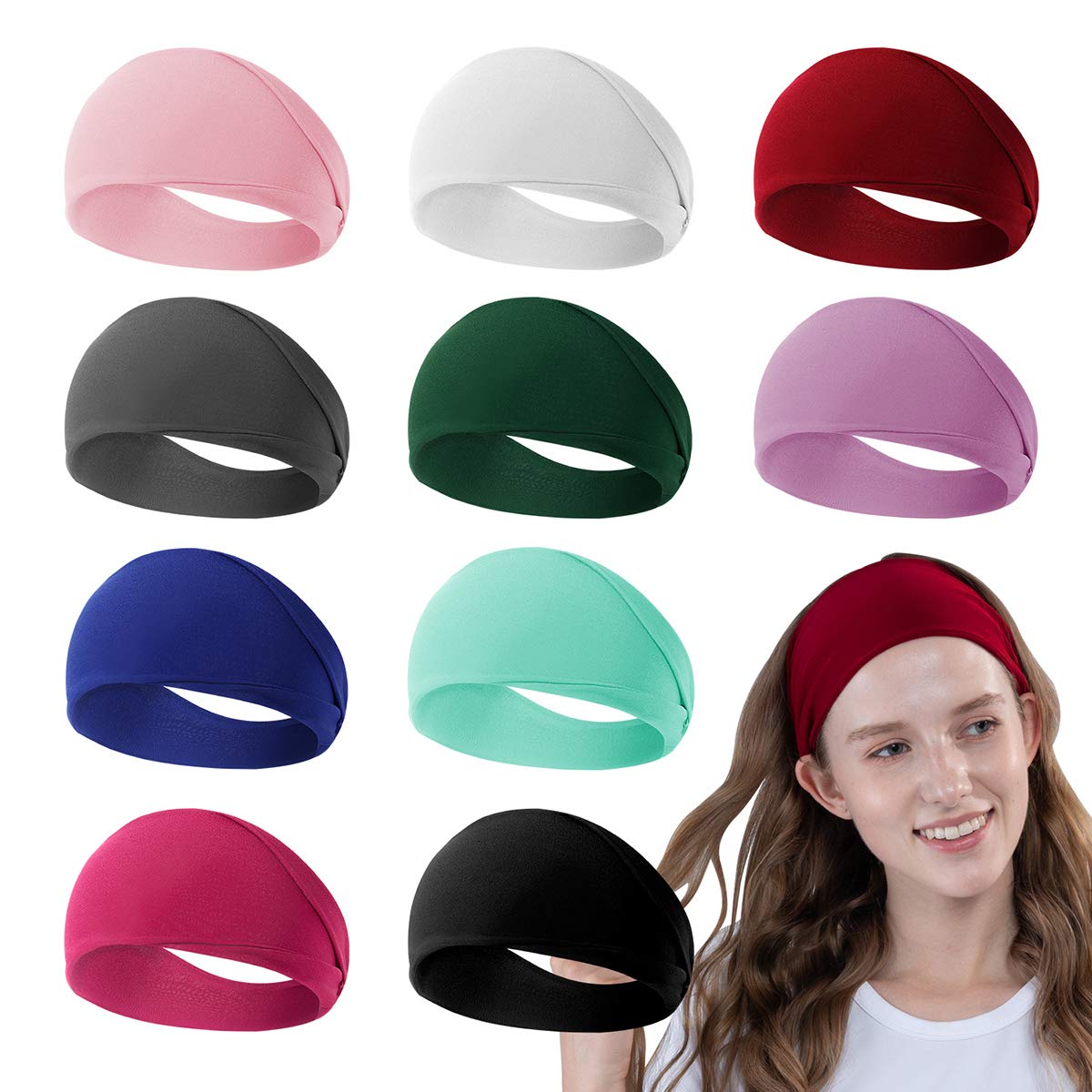RITOPER 10 Pack Yoga Headbands for Women, Elastic Wide Soft Sweat Head bands Hair Bands for Yoga Running Fitness, Solid Workout Headwraps Fashion Hair Accessories (solid color) : Beauty