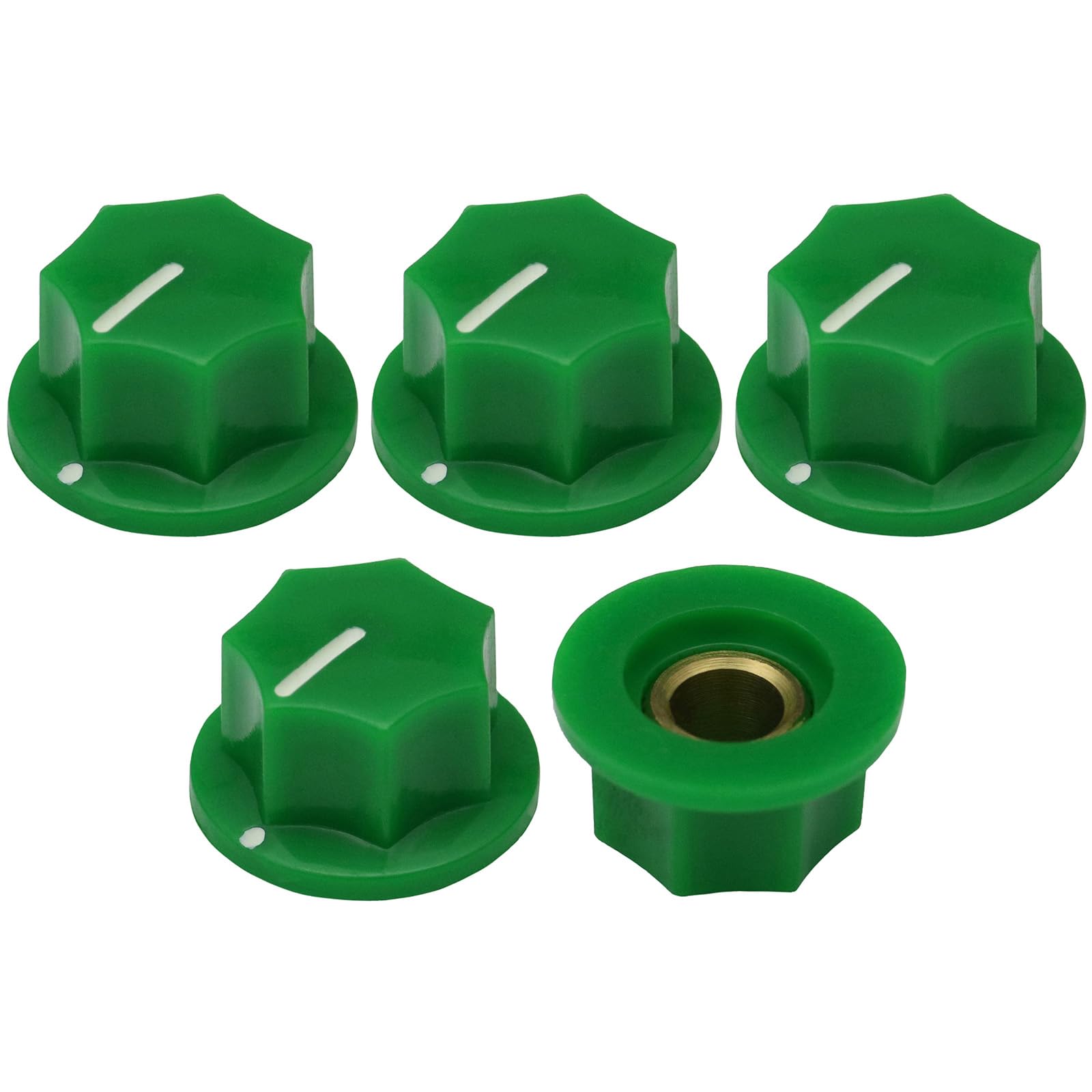 6.4mm Round Hole Large Skirted 7-Sided Guitar/Pedal Control Knob Pack of 5 (Green)