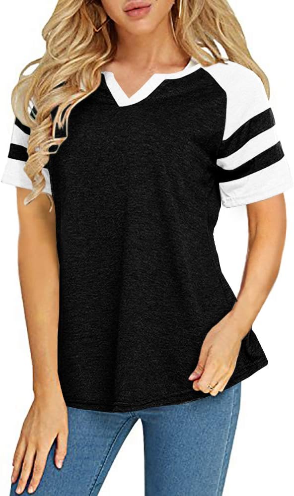 Foshow Womens V Neck Raglan Baseball Tee Tshirts Short Long Sleeve Jersey Striped Colorblock Casual Blouses Tops