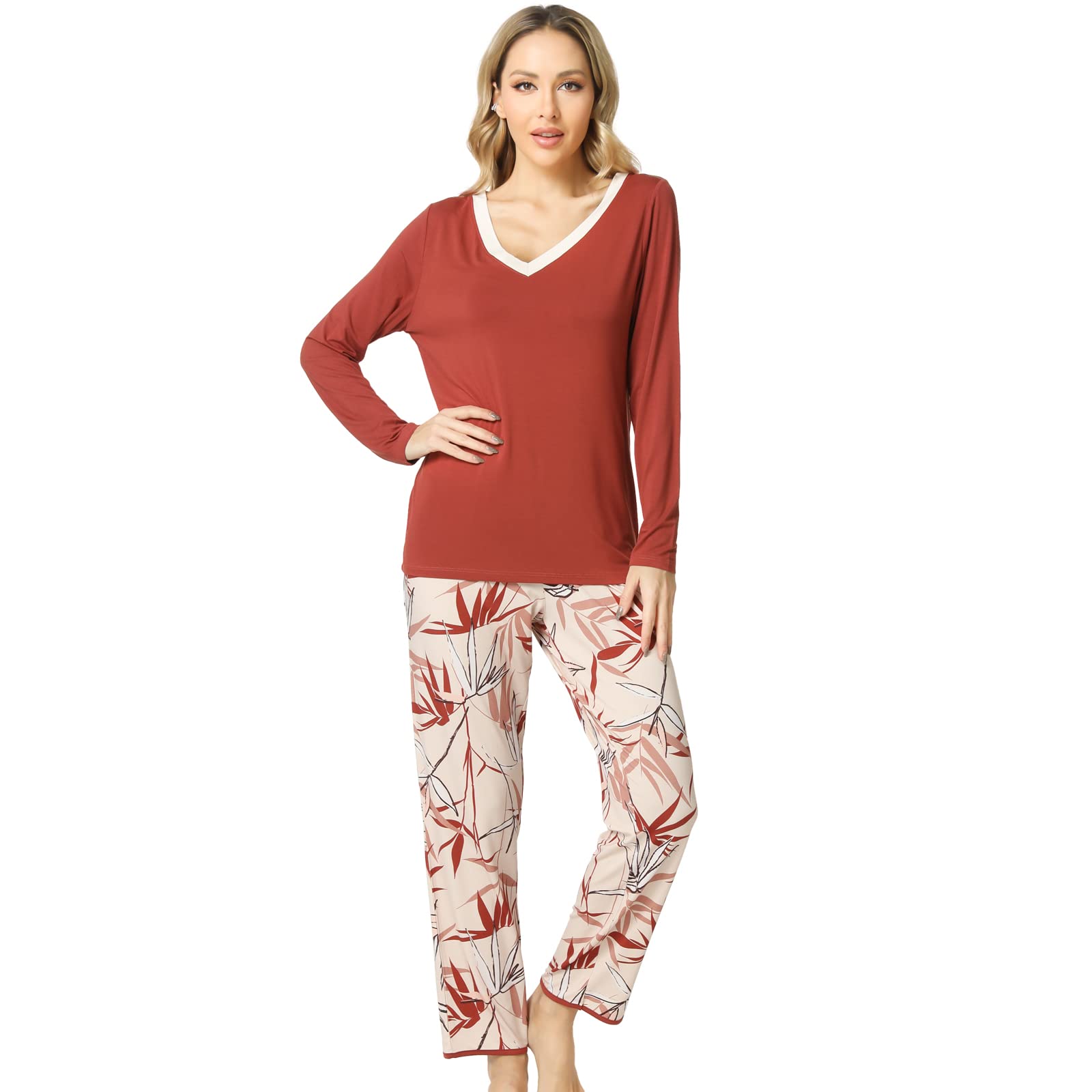 GYS Pajamas Set for Women - Viscose Made from Bamboo, V Neck Long Sleeve Sleepwear with Pants Soft Comfy Pj Lounge Sets, Brick Red, XX-Large Plus Image