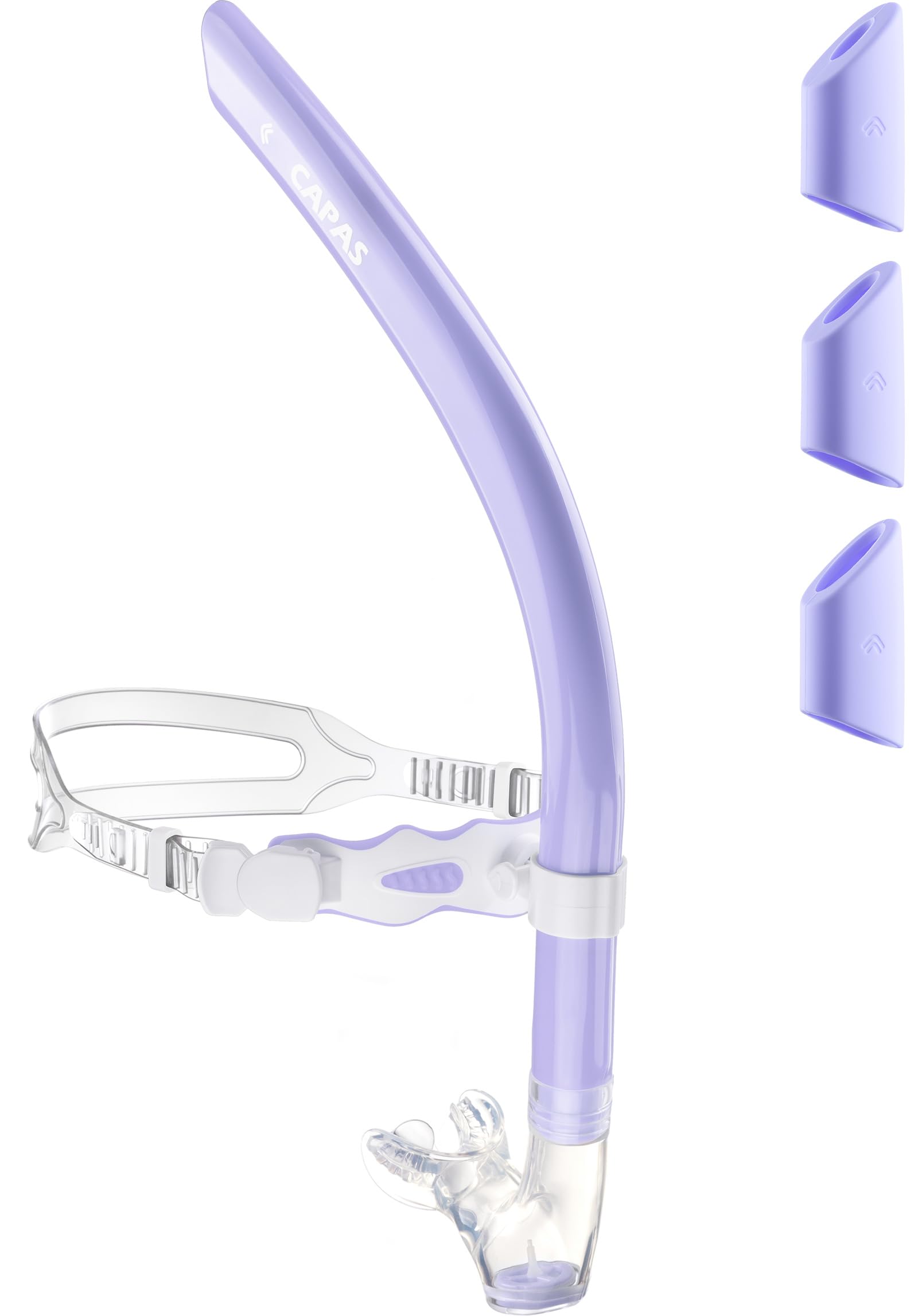 CAPAS Training Swim Snorkel for Lap Swimming, Ultimate Fit Center-Mount Swimmers Snorkel with Liquid Silicone Mouthpiece Adjustable Strap Swivel Headband, Designed for Adult Men Women (Purple White) — image 1