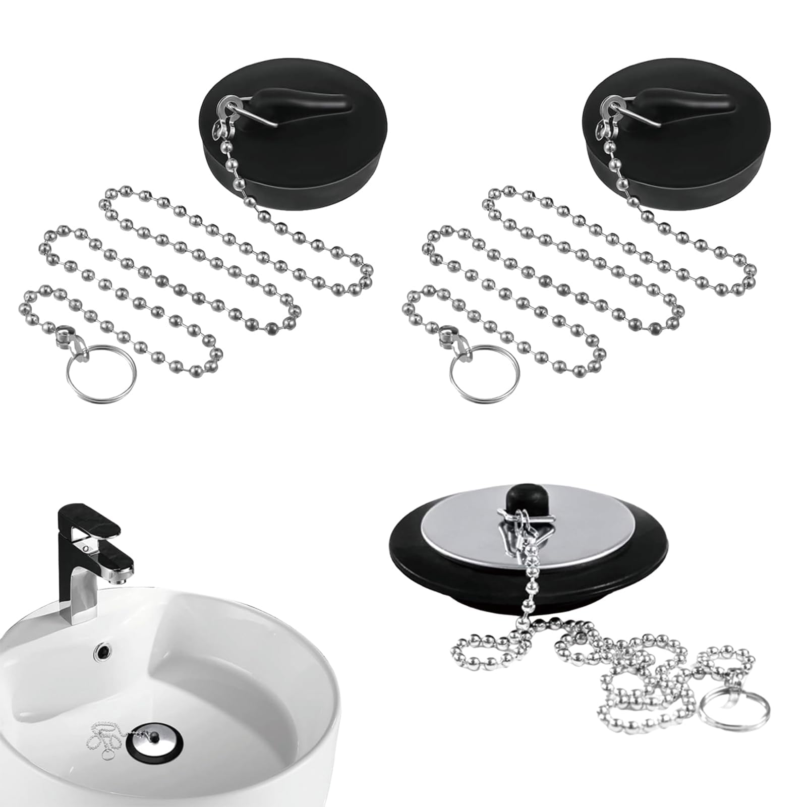 YSFVNP Sink Plug Replacement, Bath Plug Replacement, Universal Drain Stopper, Black Rubber & Stainless Steel, Fit Most Bathroom & Kitchen Drains, Effective Water Leakage Prevention