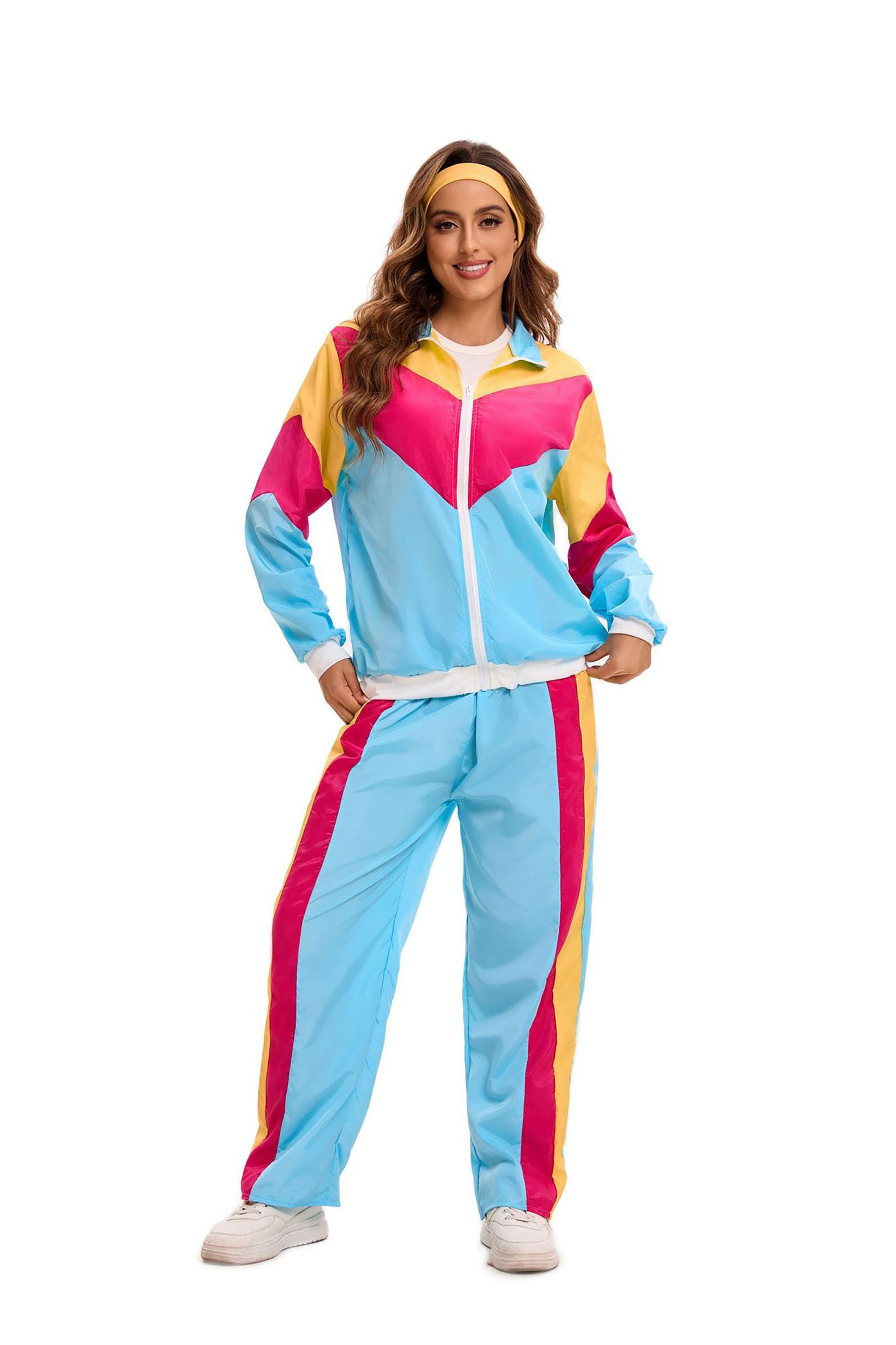 Velcoxplay Women's 80s 90s Retro Tracksuit Disco Suit Jacket Trousers, Blue and Pink, XL