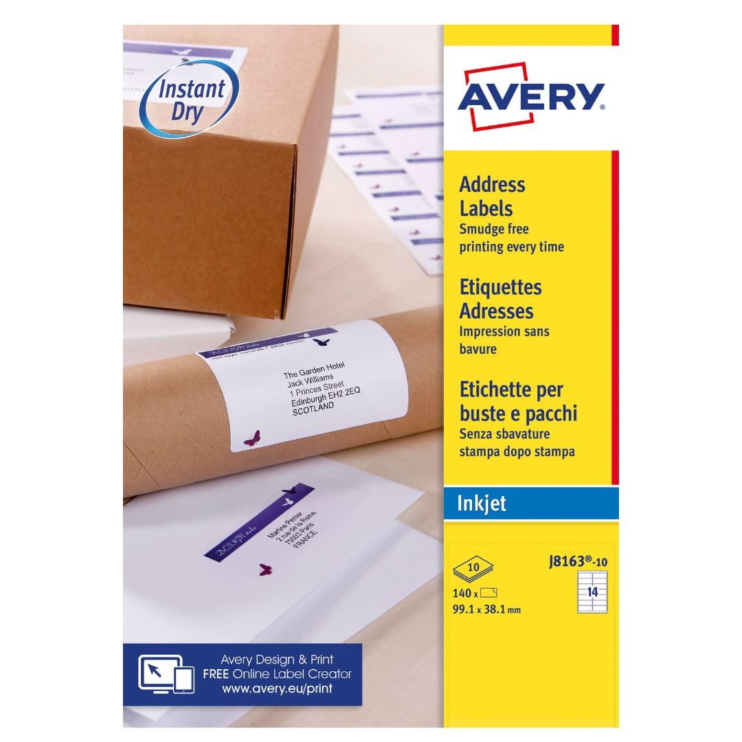 Avery Smudge Free, Printable, Address Labels, Quick Dry, 99.1 x 38.1 mm, White, 14 Labels per Sheet, 140 Blank Labels per Pack (J8163-10)