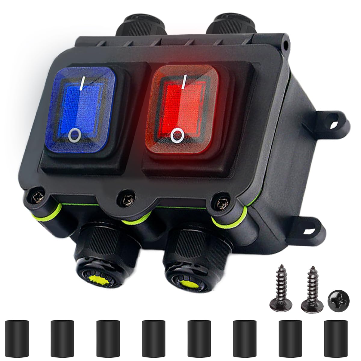 MKBKLLJY IP68 Waterproof Inline Cord Switch DPST DC 12V 20A 4 Pin 2 Position Toggle Switch Outdoor Waterproof Box Two Side Entry And Exit Line ON/OFF With Screw Feet KCD4 Screws Heat Shrink Tubing