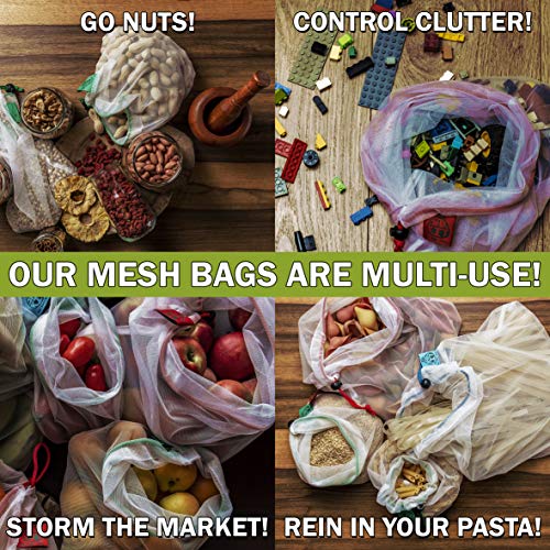 Reusable Mesh Bags Set of 12 pcs - Mesh Bags for Grocery w/ Weight Tags - Foldable Vegetable Bags W/ Carrier Handle - Produce Reusable Shopping Bags Grocery - Zero Waste Kit - Recycled Products Gift