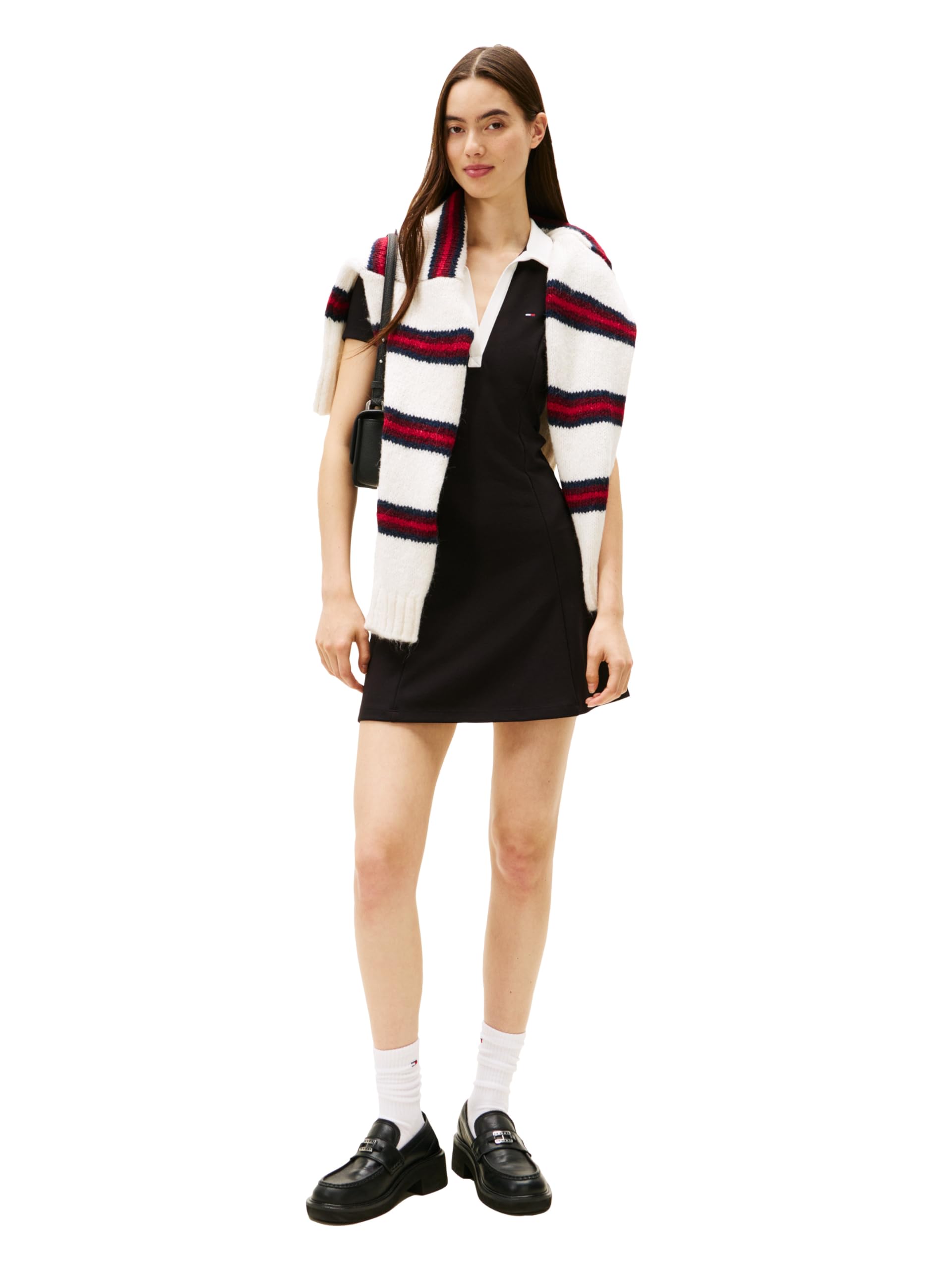 Tommy Jeans Women’s Short Sleeve Contrasting Polo Stretch Casual Dresses, Black