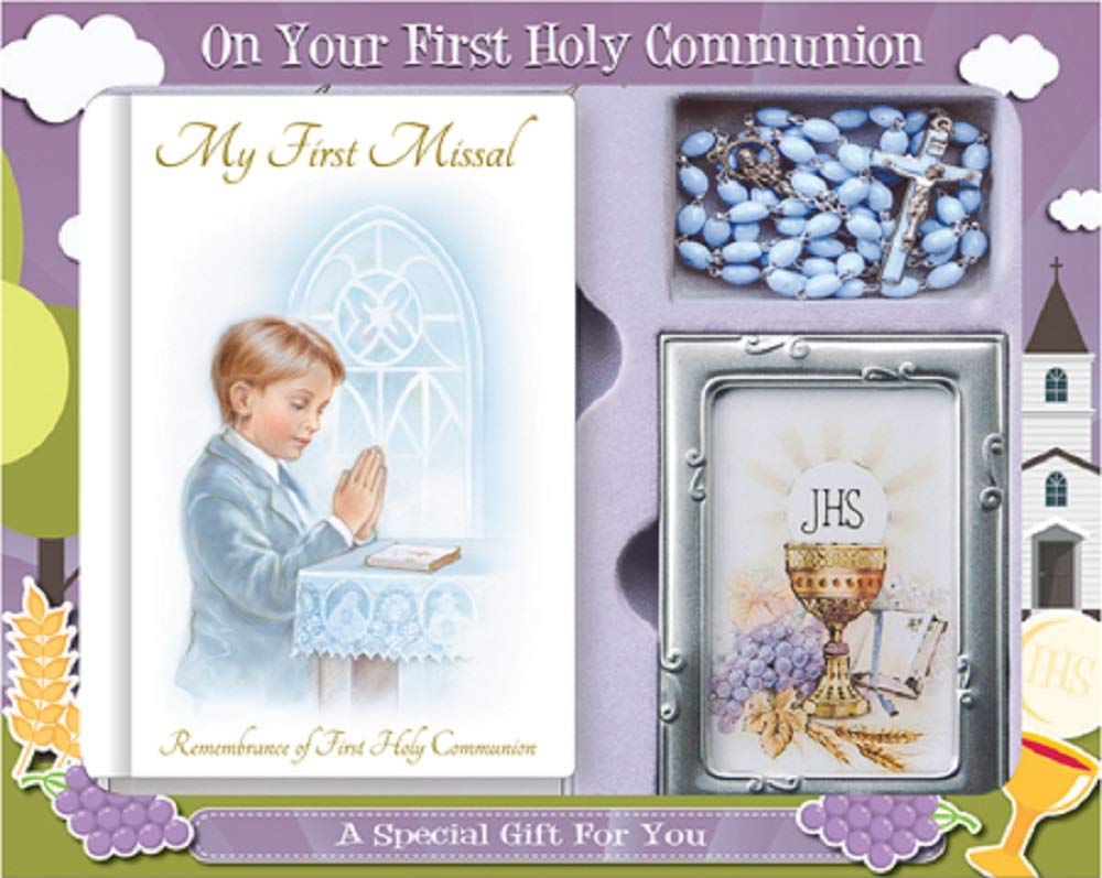 Boy First Holy Communion Gift Set Missal Book, Rosary Beads and Photo Frame C5175
