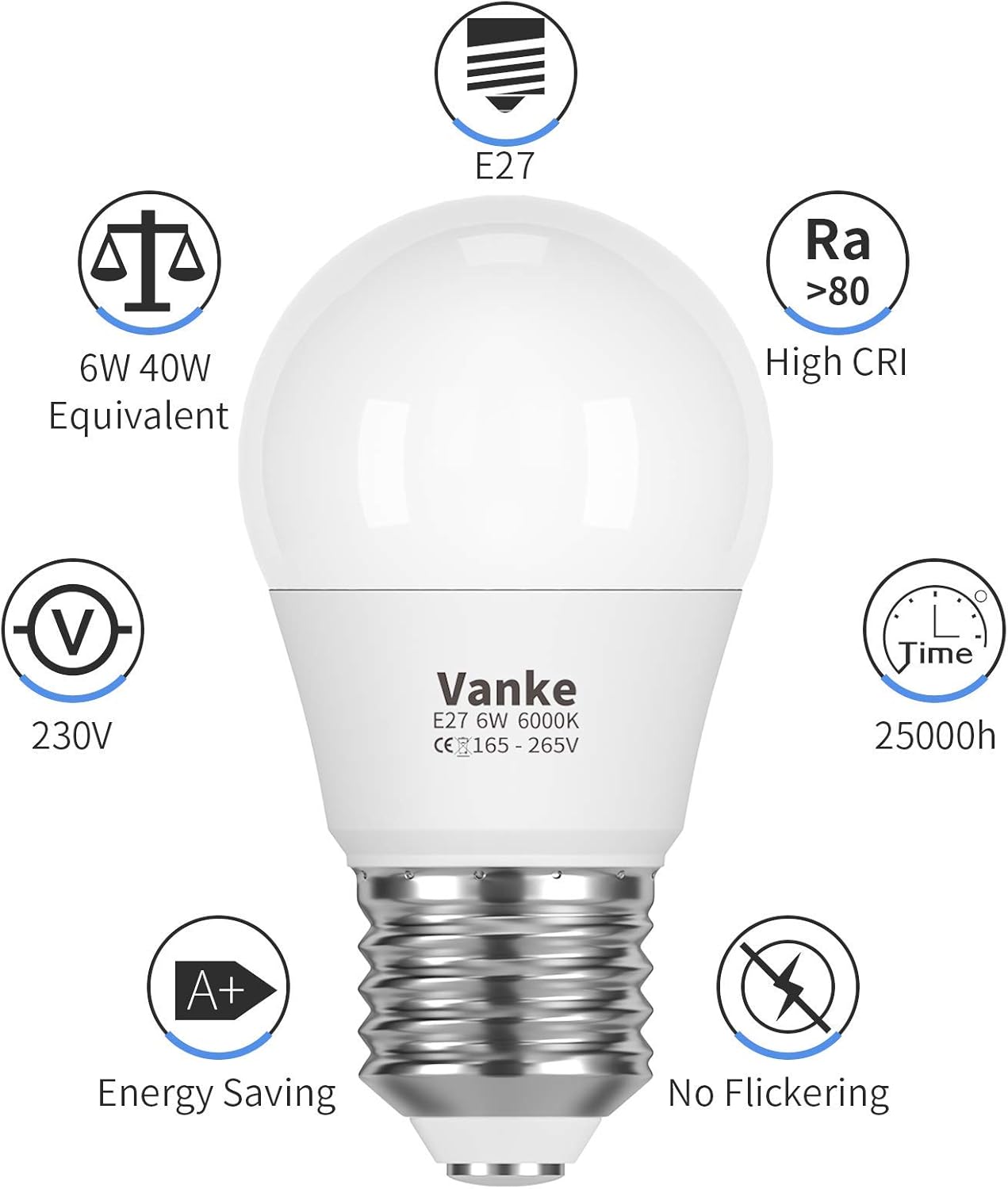 Vanke E27 Screw LED Bulb Cool White 6000K, 40W Equilavent, 6W Screw in Golf Ball Light Bulbs, 470 Lumen, 3-Pack, Non-Dimmable - Image 4