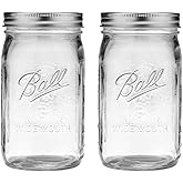 Ball Wide Mouth Glass Mason Jars with Lids and Bands, Used for Canning, Pickling, Juice, Jam, Jelly, Quart Size 32 Ounce (Pac