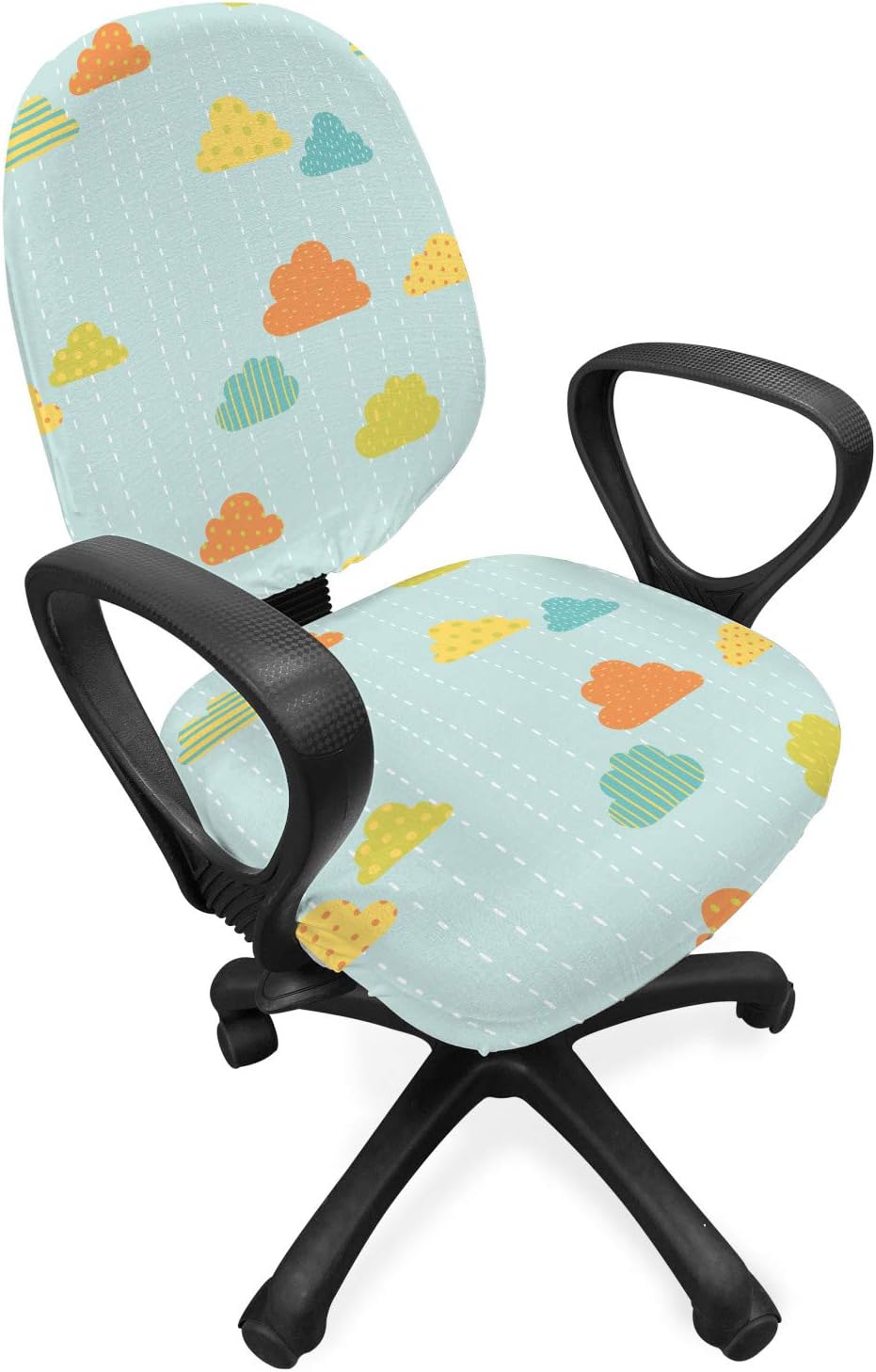 Lunarable Nursery Office Chair Slipcover, Demonstration of Vertical Dashes with Clouds in Polka Dots or Stripes, Protective Stretch Decorative Fabric Cover, Pale Blue and Multicolor
