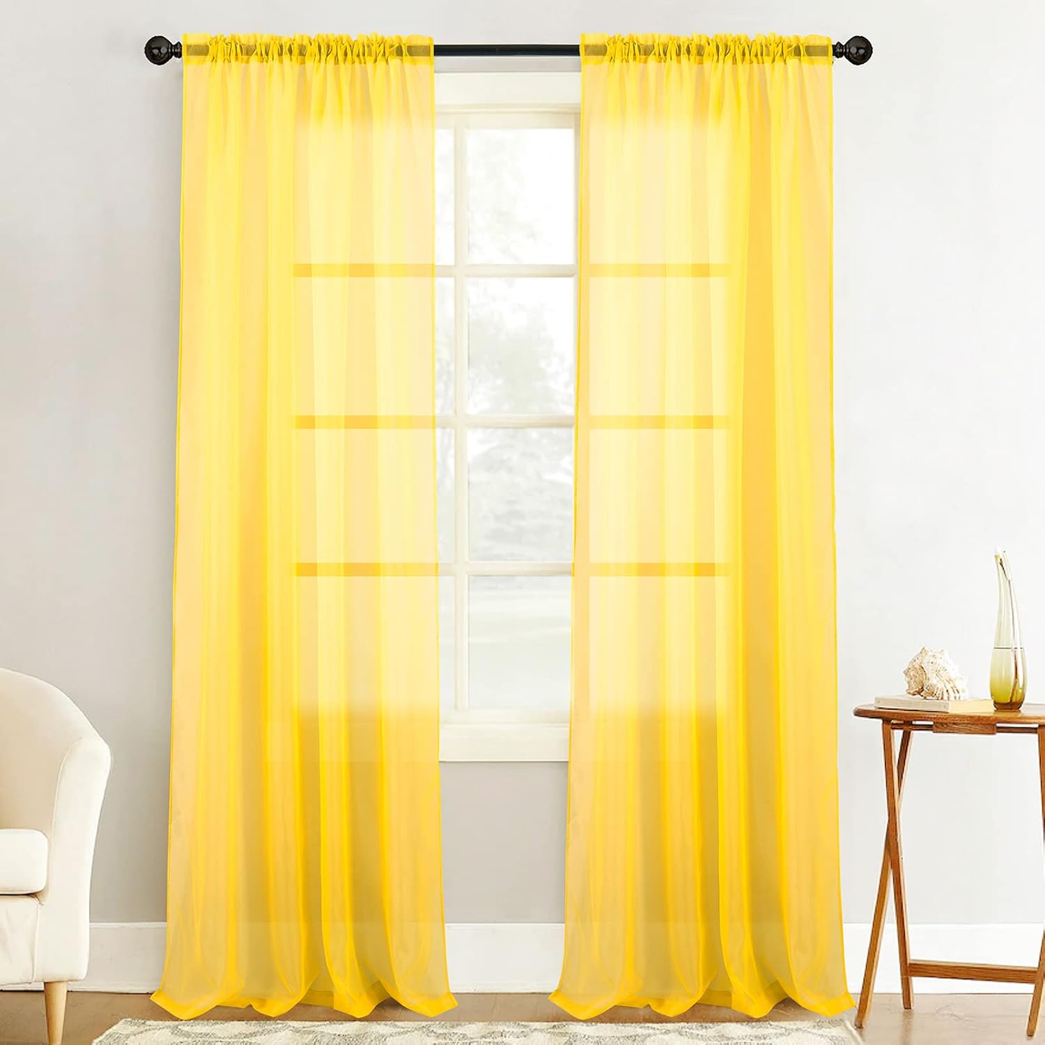 Window Treatments - Tony's collection Yellow Sheer Curtains 84 Inches Long 2 Panels, Semi Transparent Window Curtain Drapes for Bedroom Living Room(52x84 Inch, Yellow,2 Panels)