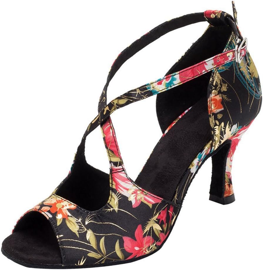 HXYOO Indoor Women Ballroom Dance Shoes for Salsa Latin Tango Floral Satin WK016