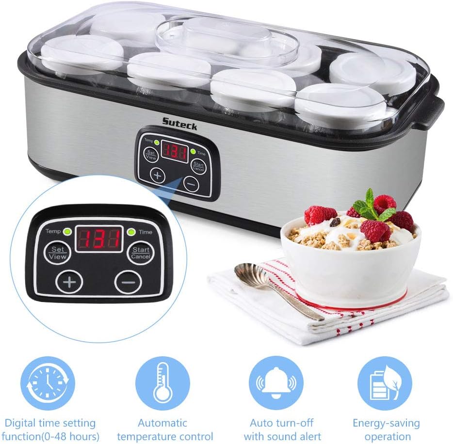 Yogurt Maker Automatic Digital Yoghurt Maker Machine with 8 Glass Greek Jars 48 Ozs (6Oz Each Jar) LCD Display with Constant Temperature Control Stainless Steel Design for Home Use: Kitchen & Dining