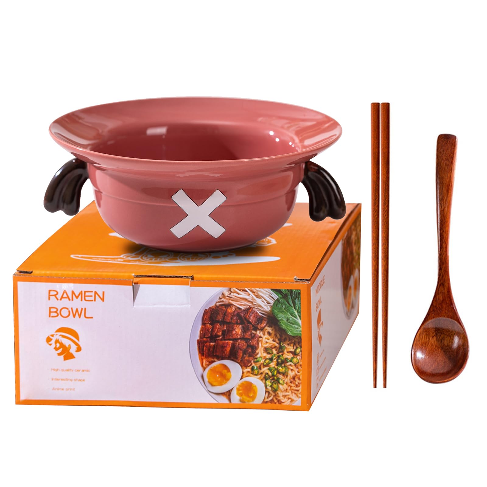 Photo 1 of DVJEPJ Straw Hat Ramen Bowl (Ceramic Bowl + Wooden Spoon + Chopsticks) for Anime Fans