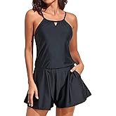 Smismivo Swim Romper with Built in Bra and Pockets 2025 Women's Modest One Piece Swimsuit Shorts Dress Bathing Suit